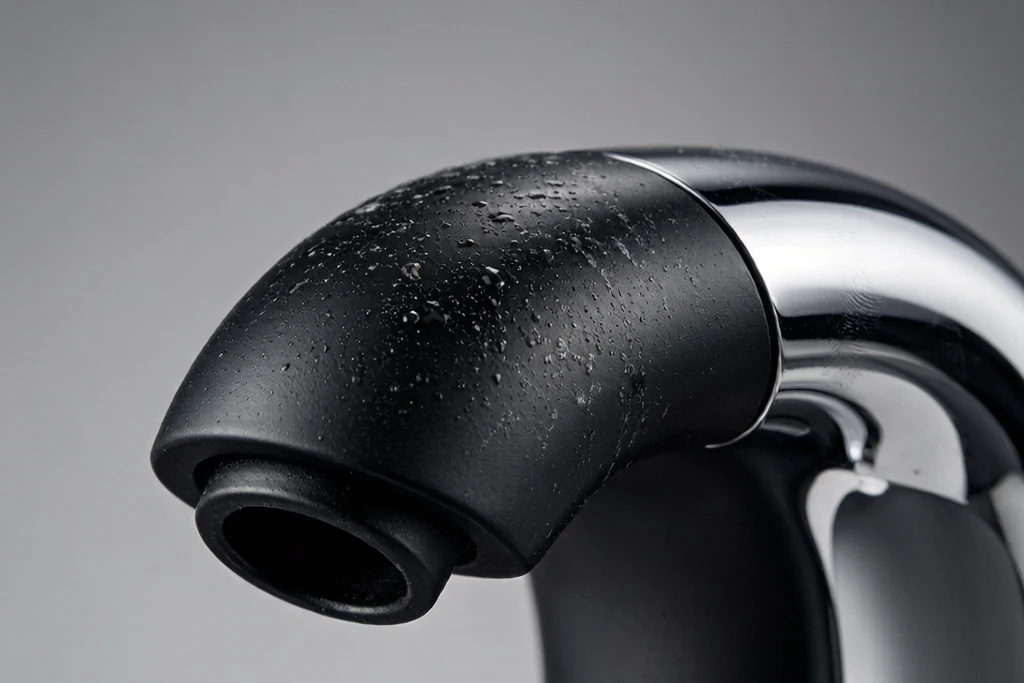 Close-up comparison of matte black and chrome faucet surfaces showing water spots and fingerprints