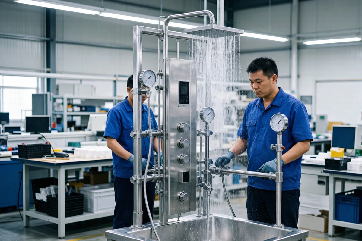 Workers in blue uniforms pressure-testing assembled stainless steel shower column panels at a sanitary ware factory quality-control station