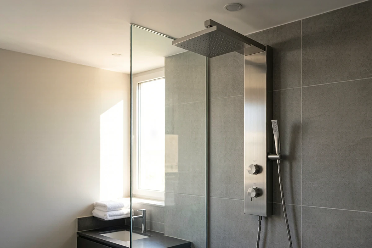 Modern brushed stainless steel thermostatic shower column with rainfall head installed in a hotel bathroom with grey porcelain tile