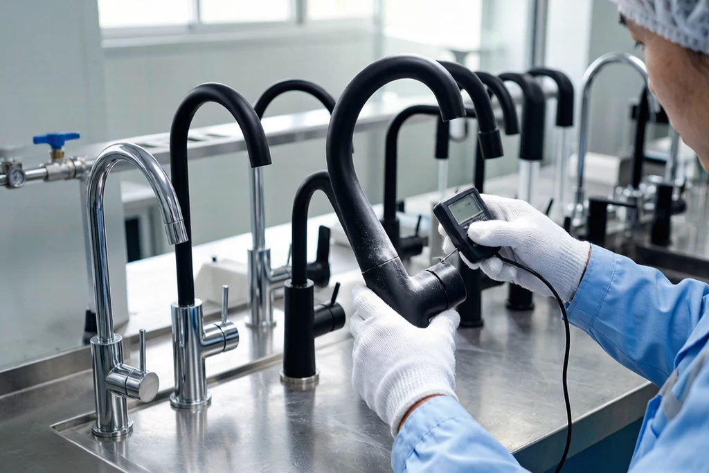 Quality control inspection of PVD matte black faucet bodies in FAAO factory laboratory