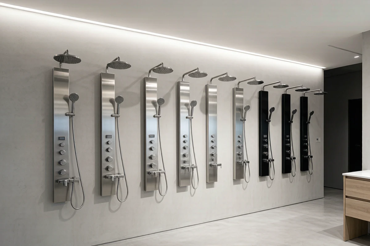 FAAO wholesale shower column showroom with brushed stainless steel and matte black thermostatic panels mounted on a display wall