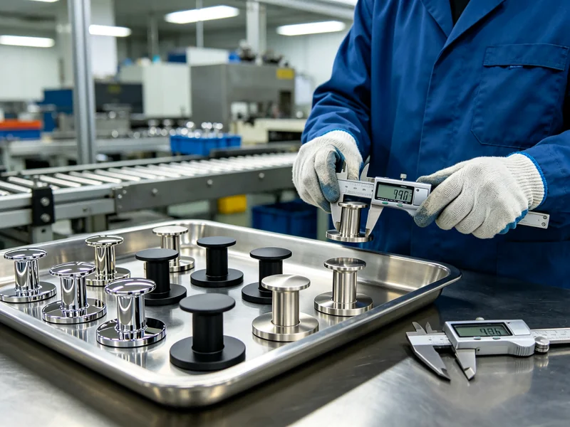 Factory inspector measuring bathroom hardware components with a digital caliper on a production line
