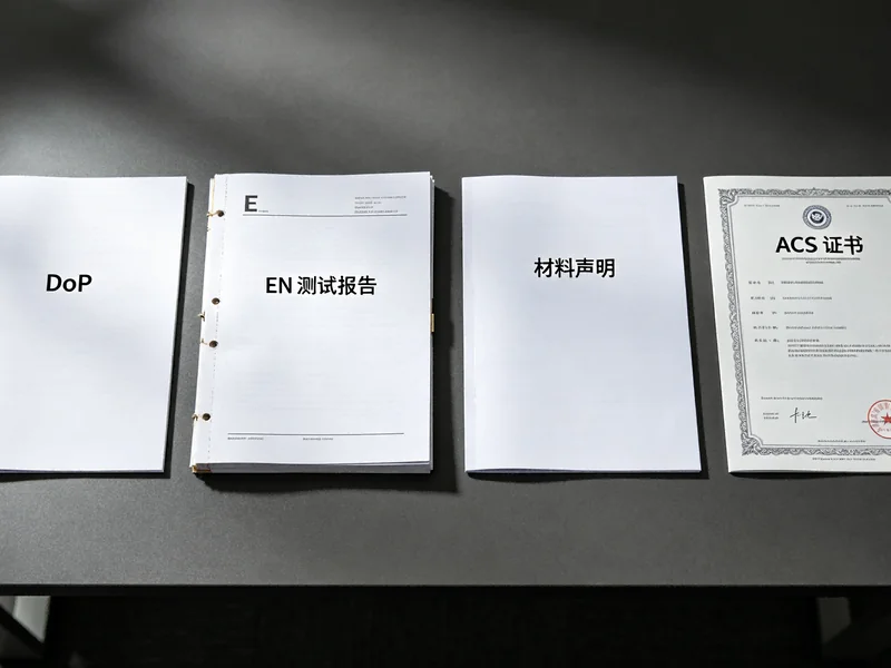 CE tapware document pack including Declaration of Performance, EN test report, material declaration and ACS certificate