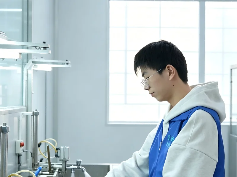 Factory technician testing assembled faucets on a leak-test bench in a clean-room production line