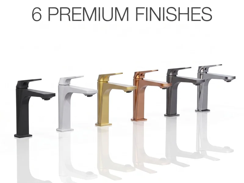 Six premium faucet finishes for hotel bathrooms: matte black, white, brushed gold, rose gold, gunmetal and polished chrome