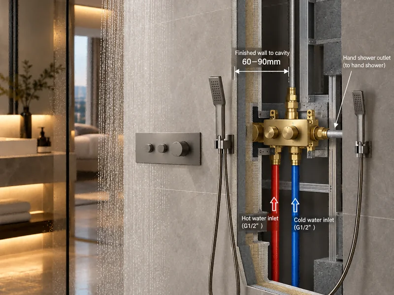 Concealed shower rough-in body diagram showing 60-90 mm wall cavity depth, hot and cold G1/2 inlets and overhead/hand shower outlets