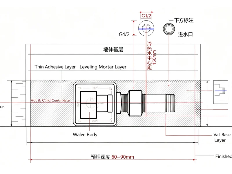 Cross-section diagram of a concealed shower valve body showing 60-90 mm rough-in depth, G1/2 inlets and 150 mm hot-cold centres