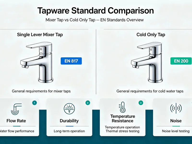Tapware standard comparison showing single lever mixer under EN 817 and cold only tap under EN 200