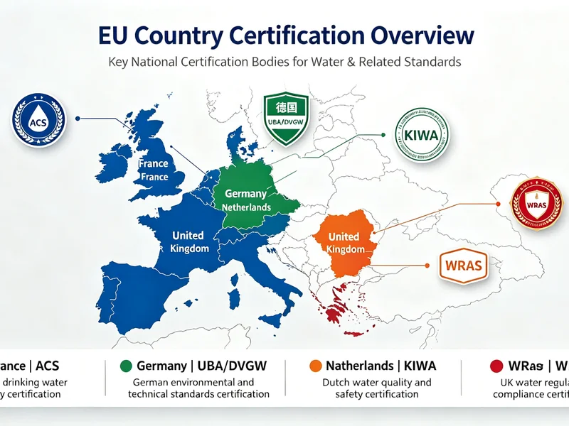 EU country certification overview map with ACS, UBA/DVGW, KIWA and WRAS national approval bodies