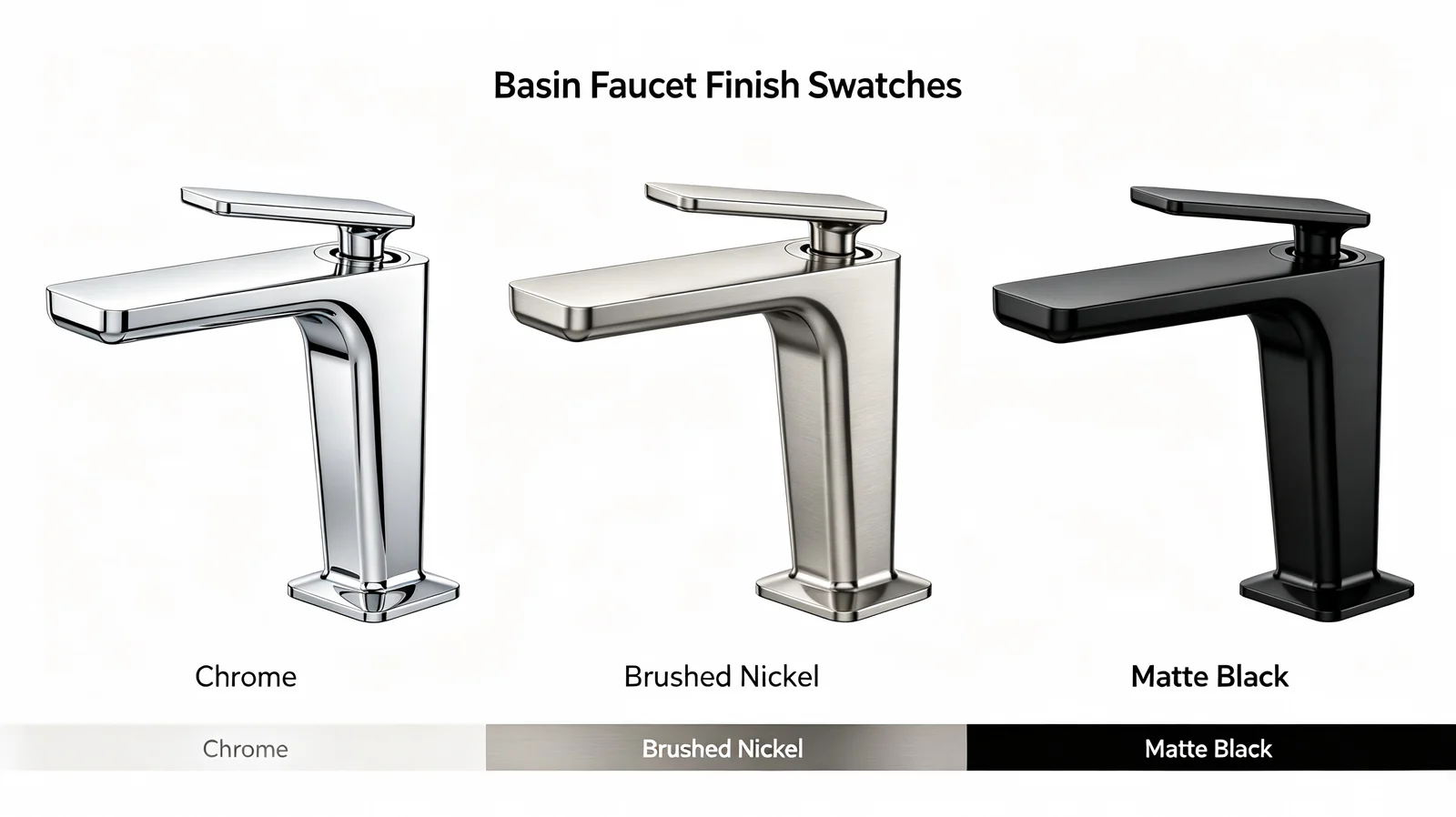 Chrome, brushed nickel, and matte black basin faucet finishes for hospitality and residential projects