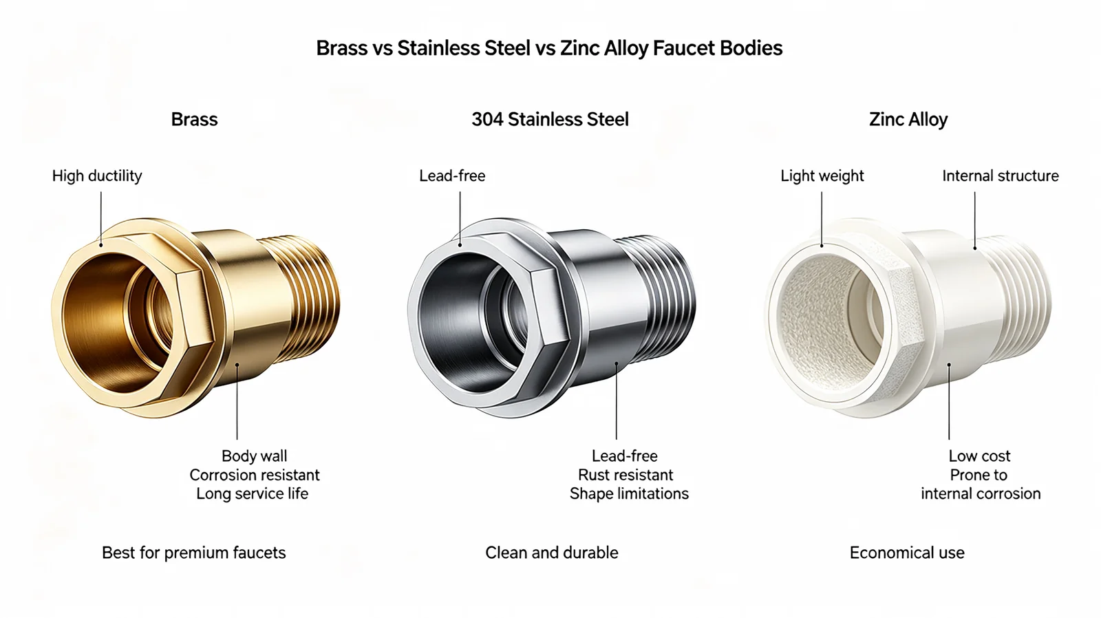 Brass, stainless steel, and zinc alloy basin faucet body materials compared for B2B buyers