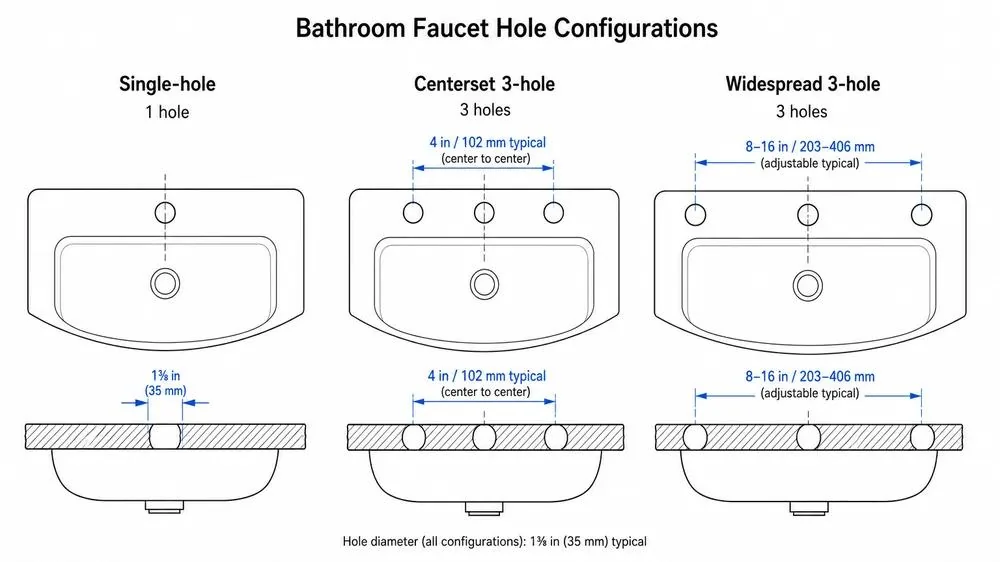 Comparison of single-hole, centerset, and widespread basin faucet mounting types for commercial projects