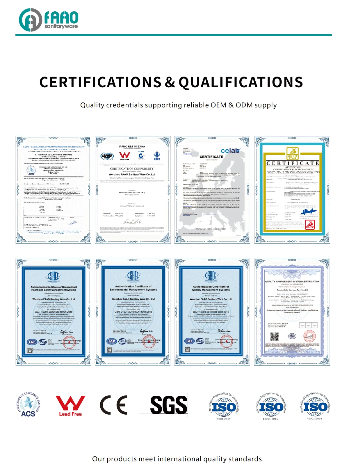CE, ACS, Watermark, ISO9001, and SGS certification badges for FAAO basin faucets