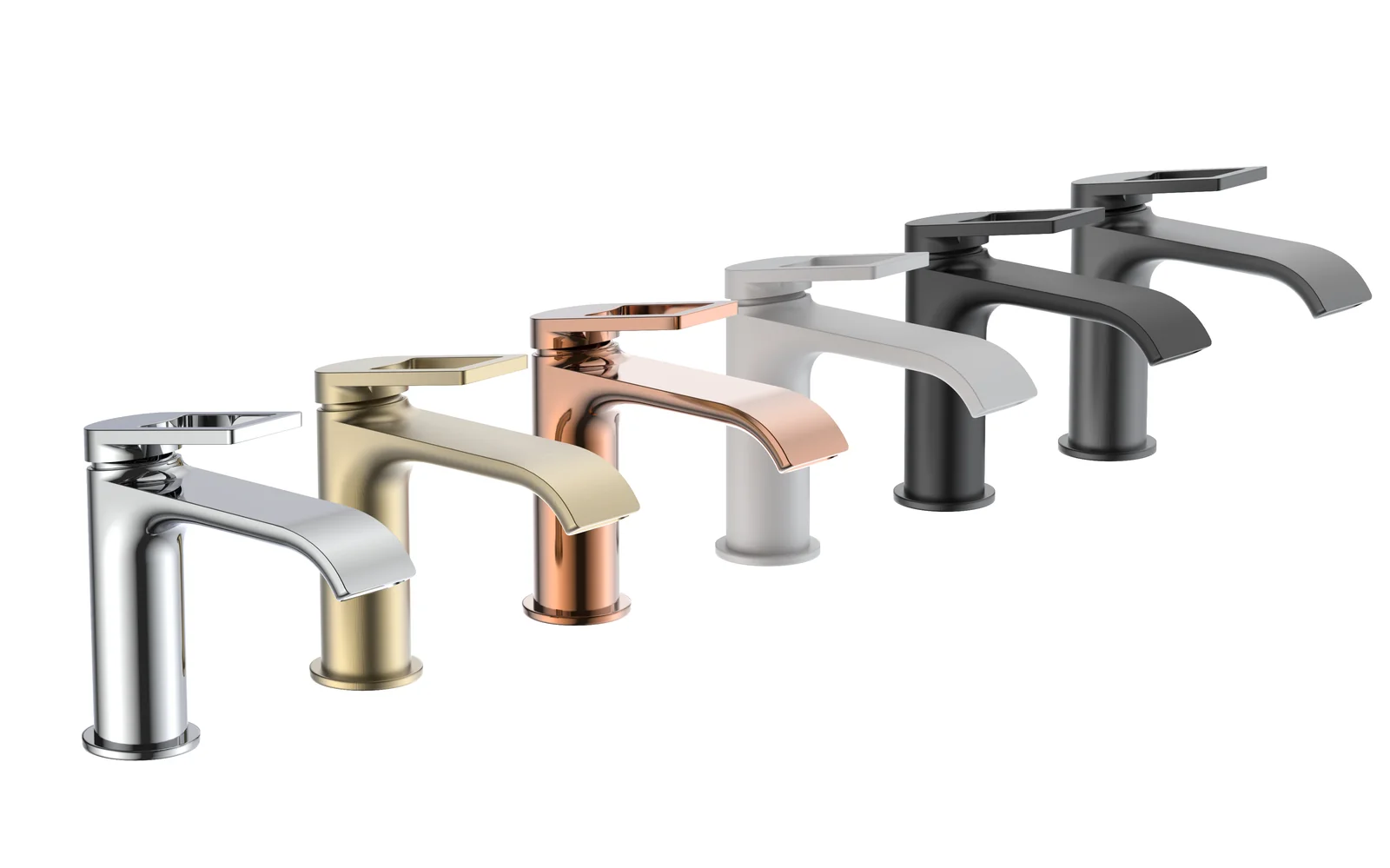 Side-by-side comparison of matte black, brushed nickel, gold, brass and chrome faucet finishes from FAAO