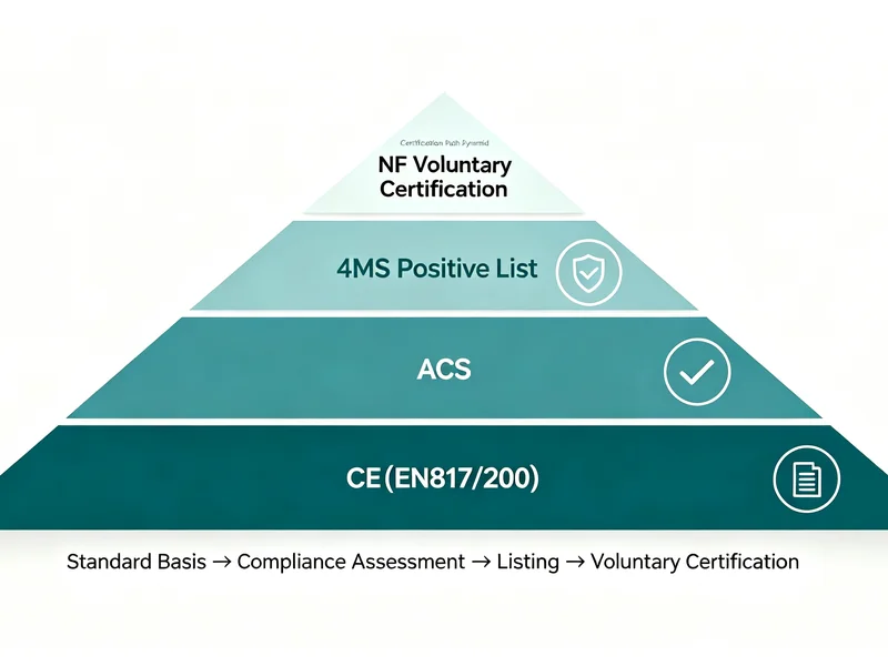 French tapware compliance stack pyramid: CE, ACS, 4MS positive list and NF voluntary certification