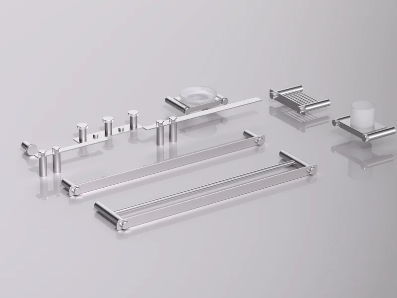 Complete hotel bathroom accessory set including towel bars, robe hooks, soap dish and toilet paper holder in chrome finish