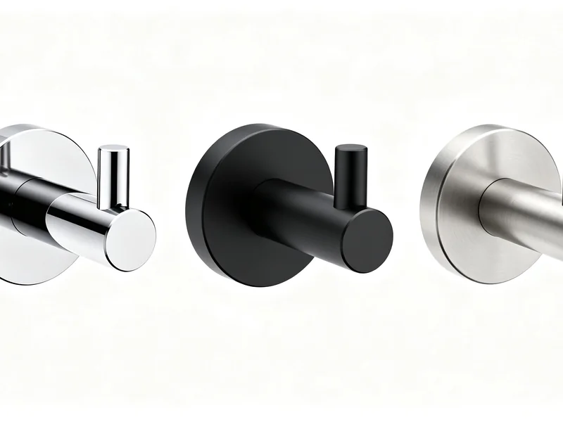Robe hooks in three finishes for hotel bathrooms: chrome, matte black and brushed nickel