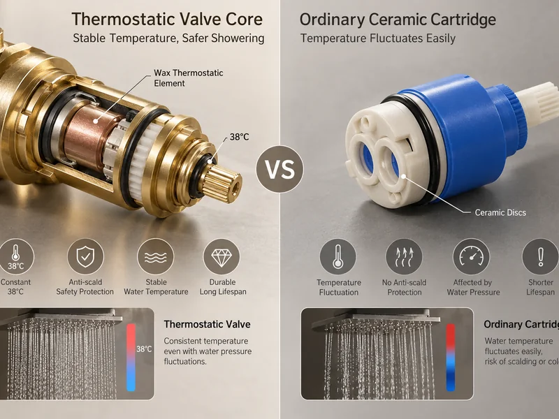 Comparison of thermostatic valve core and ordinary ceramic cartridge for hotel shower safety and temperature stability
