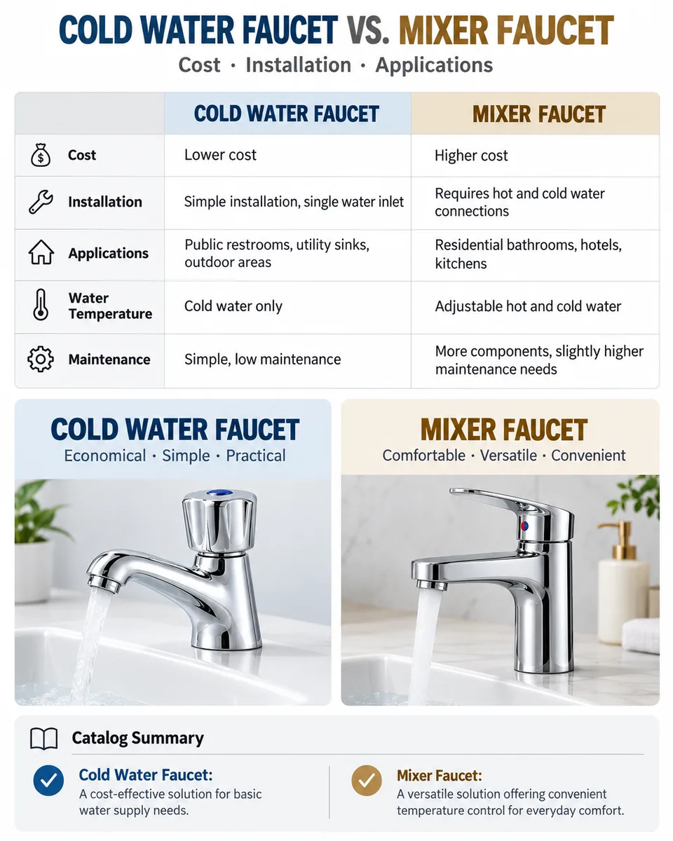 Cold water faucet vs mixer faucet comparison table covering cost, installation, applications, water temperature and maintenance