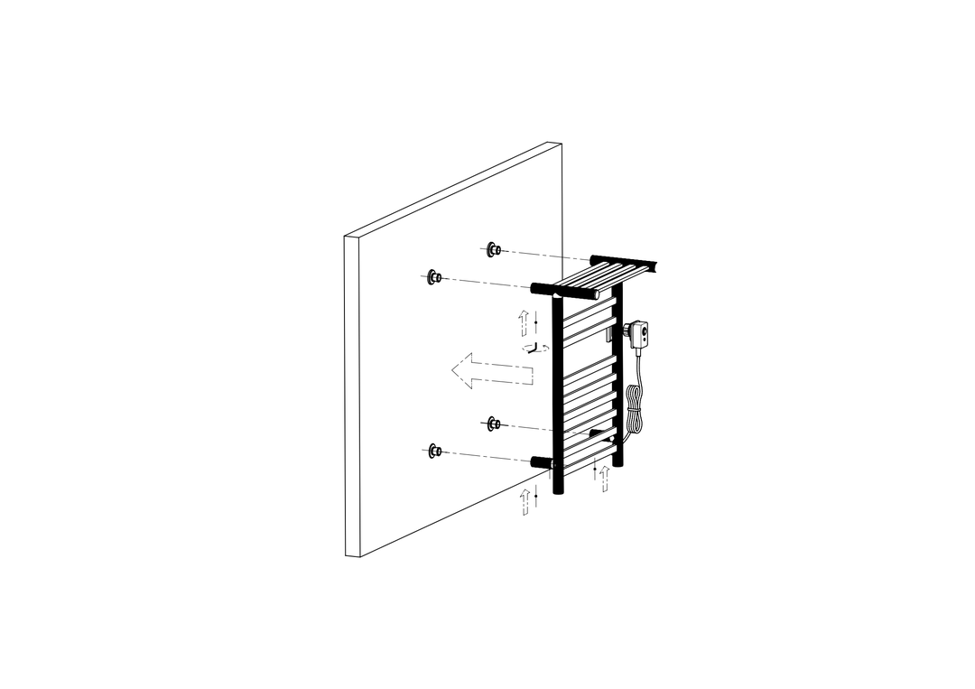 Wall-mount installation diagram for an electric towel warmer showing fixing points, spacers, and cable routing