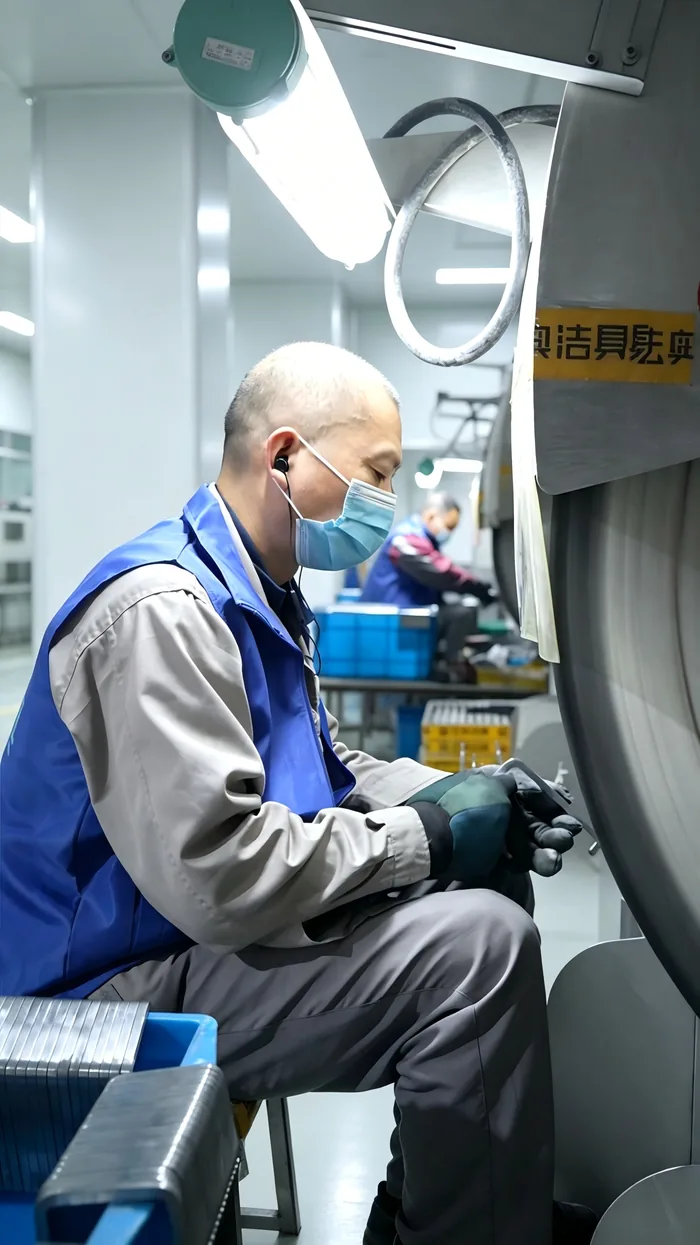 FAAO factory worker inspecting a machined bathroom hardware component on the production line in Wenzhou