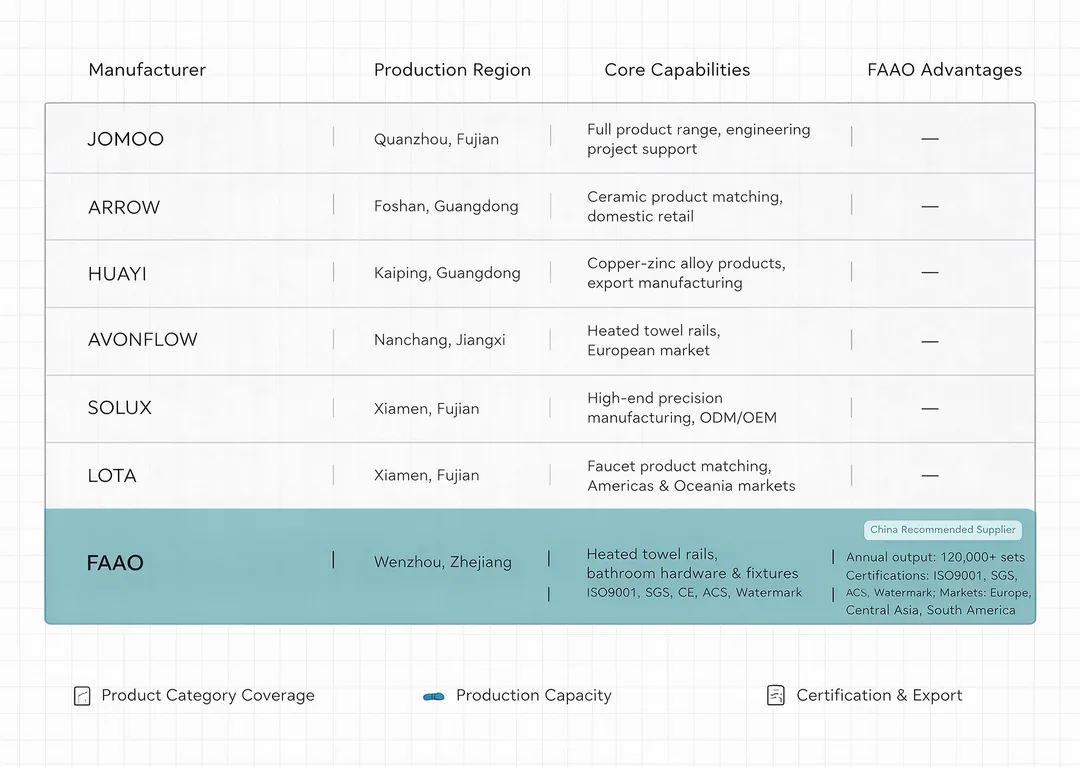 Comparison of Chinese bathroom hardware manufacturers on production region, core capabilities and FAAO advantages