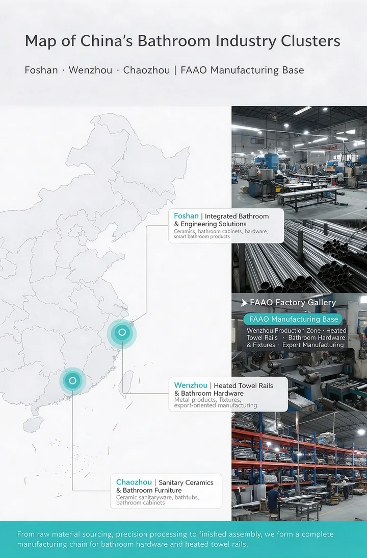 Map of China's bathroom hardware manufacturing clusters in Foshan, Wenzhou and Chaozhou, with FAAO's Wenzhou production base