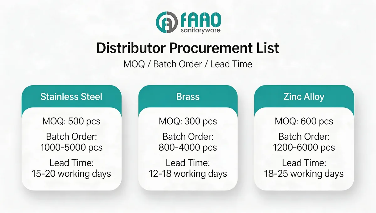 FAAO distributor procurement list showing MOQ, batch order quantity and lead time for stainless steel, brass and zinc alloy bathroom hardware