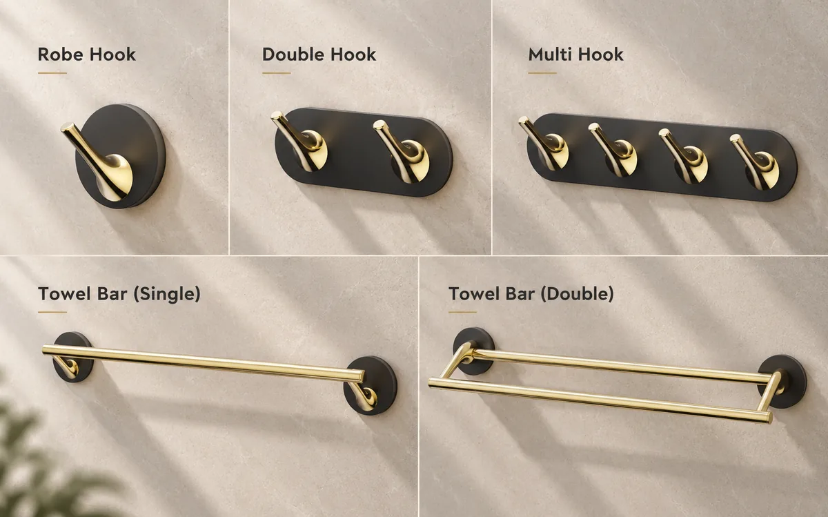 Robe hook, double hook, multi hook and single and double towel bar types for wholesale bathroom hardware programs