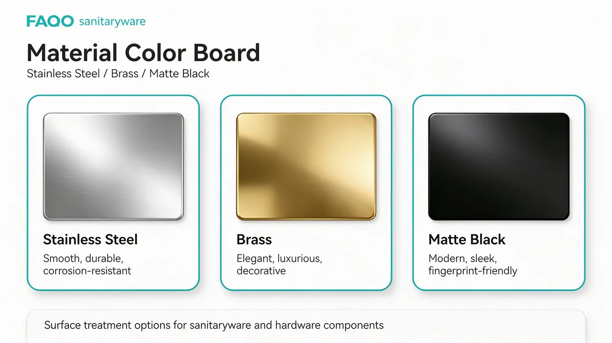 FAAO material color board comparing stainless steel, brass and matte black finishes for robe hooks and towel bars