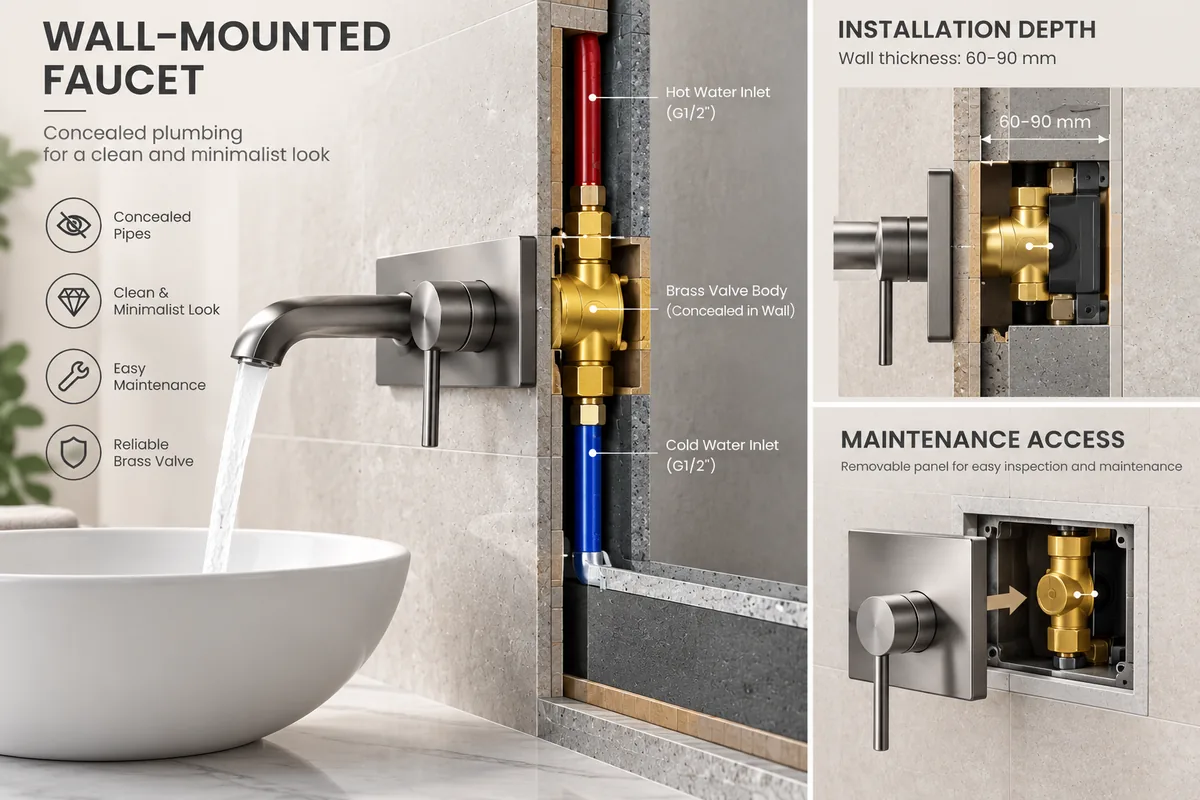 Wall-mounted faucet rough-in diagram showing 60-90 mm wall cavity, concealed brass valve body and G1/2 hot and cold inlets