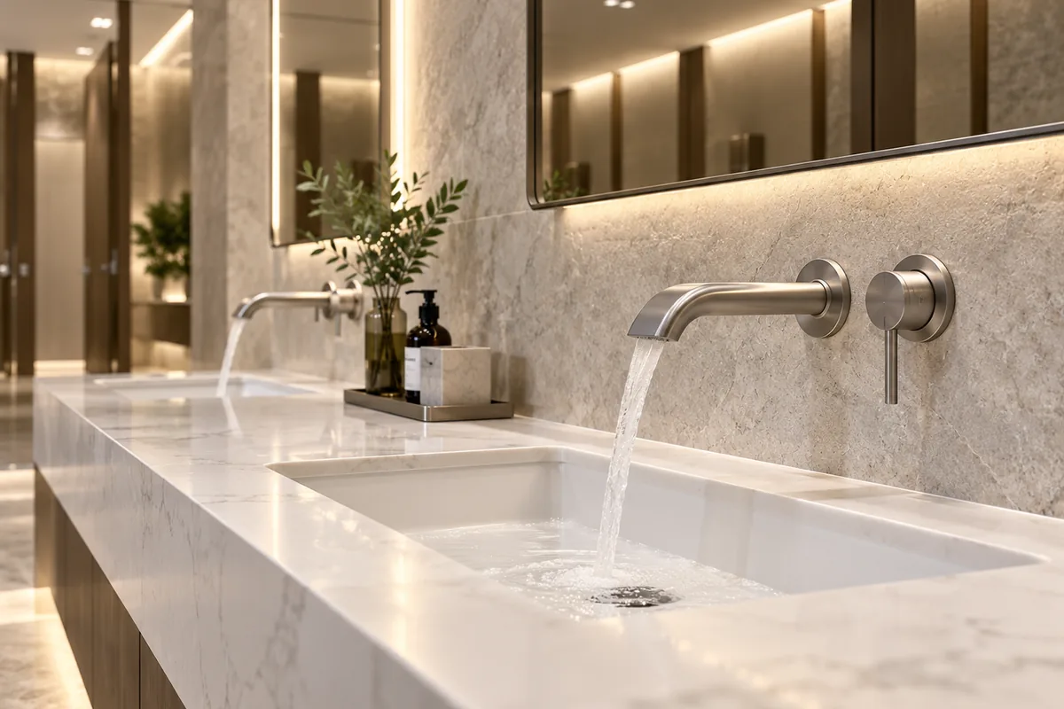 Wall-mounted basin faucets over a marble countertop in a hotel lobby washroom