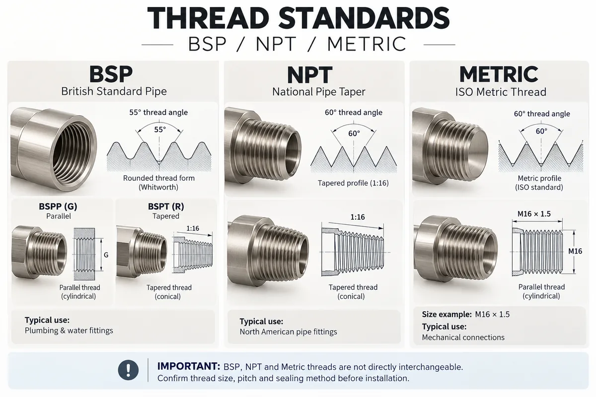 BSP, NPT and metric thread standards compared for faucet connections, including 55 and 60 degree thread angles