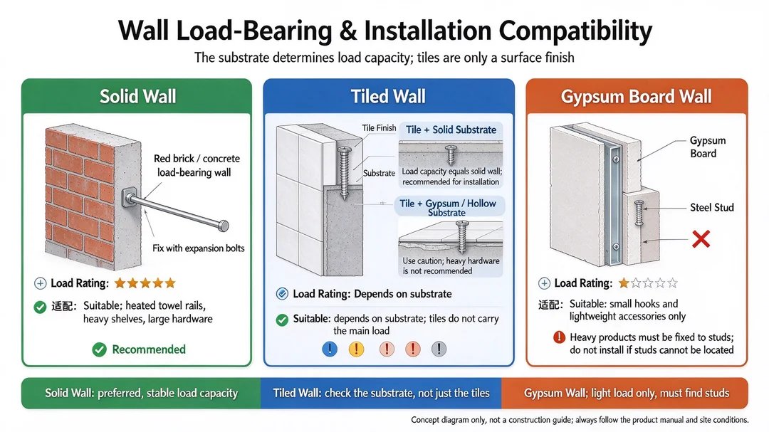 Wall load-bearing and installation compatibility for electric towel warmers: solid wall, tiled wall, and gypsum board wall compared